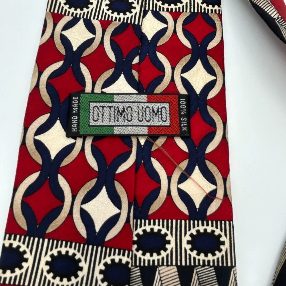 Ottimo Uomo Necktie Geometric Patchwork Mens OS Red Silk Vintage Abstract 90s